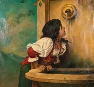 After Leon Bonnat Oil on Canvas Girl at Fountain