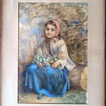 Antique Fine Art Watercolor Art Girl In The Garden, 19th C.