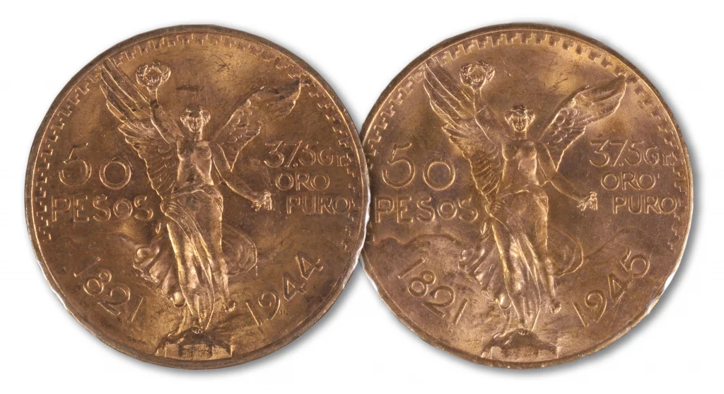 1944 Mexican 50 Pesos National Arms, Winged Victory Gold Coin (estimate: $1,500-2,500 and a 1945 Mexican 50 Pesos National Arms, Winged Victory Gold Coin (estimate: $1,500-2,500)