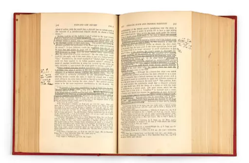 Justice Ruth Bader Ginsburg’s annotated copy of the 1957-58 Harvard Law Review. Image courtesy of Bonhams.