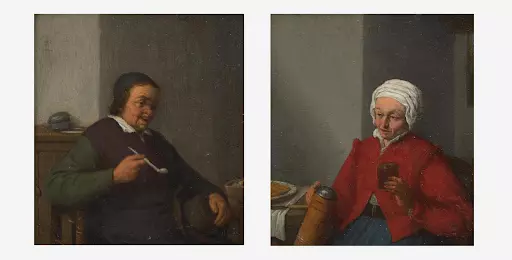 Adriaen Jansz van Ostade, Man Smoking in an Interior; together with Woman Holding a Jug and a Cup: a pair of half-length portraits. Image courtesy of Freeman’s.