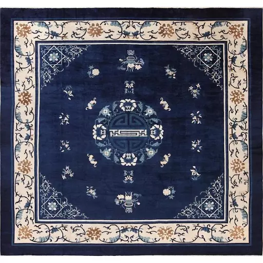 Antique Chinese blue square room sized rug. Image courtesy of Nazmiyal Auctions.
