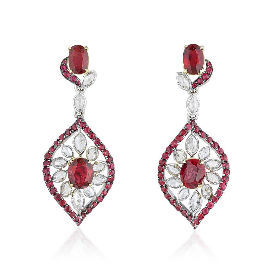 Pigeon’s Blood Burmese Ruby Earrings and Untreated Zambian Emerald Ring ...