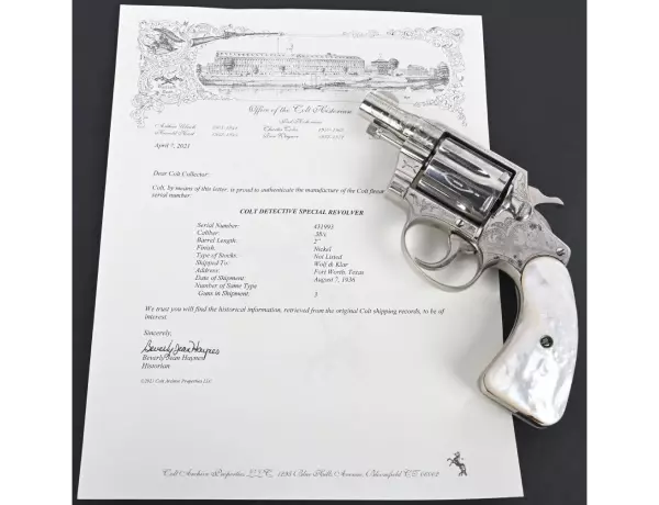 Engraved pre-WWII .38 Special ‘Detective’ with accompanying factory letter stating the arm was sent to the famous Fort Worth, Texas dealership Wolf & Klar on August 7, 1936. Highest-quality decoration includes genuine ruby eyes embedded into the steer head that features prominently on the pearl grips. Estimate $5,500-$8,500