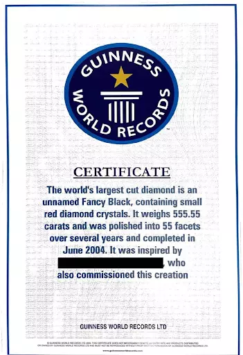 Guinness World Records certificate stating that the Enigma is the largest cut diamond in the world as of 2006. Image courtesy of Sotheby’s.