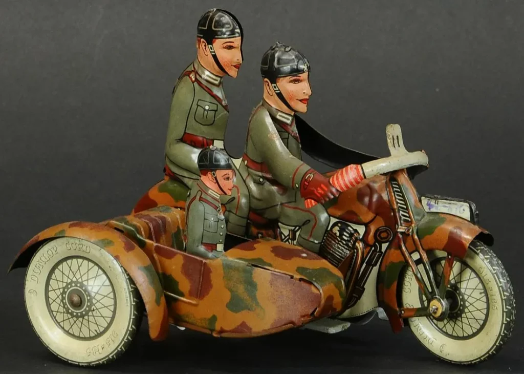 Tippco German Army motorcycle with sidecar, circa 1920s, windup. Estimate $10,000-$15,000