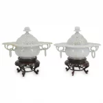 Pair of Chinese Jadeite Carved Censors with Stands