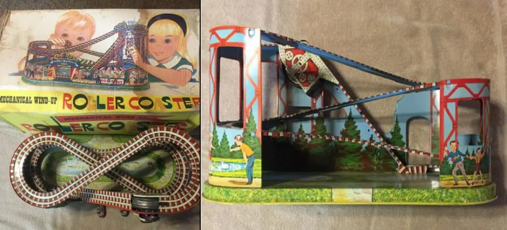 J. CHEIN 1940s TIN LITHO WIND-UP ROLLER COASTER With 2 CARS + BOX