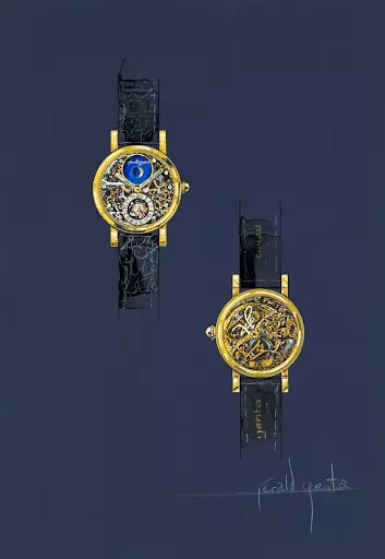 Gérald Genta’s design for a perpetual calendar skeletonized wristwatch, c. 1982. Image courtesy of Sotheby’s.
