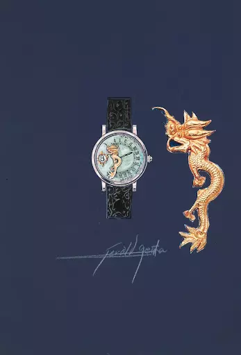 Gérald Genta’s original prototype design featuring a dragon with jump hour and retrograde minutes, c. 1995. Image courtesy of Sotheby’s.