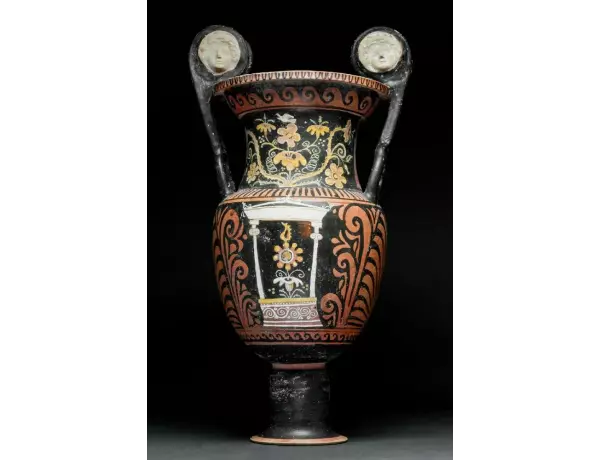 Greek Apulian red-figure wheel-thrown ritual krater (vase with ‘volute’ handles), image of ‘Lady of Fashion’ on verso, 680mm high. TL-tested by independent German laboratory Ralf Kotalla. Provenance: central London gallery; English estate collection; acquired in 1990s from Andre de Munter, Brussels; old European collection. Estimate $26,225-$52,450