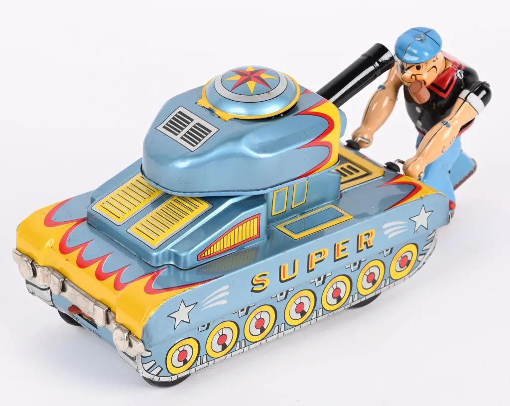 Linemar Japan battery-operated Popeye and Olive Oyl Tank, 11 inches, with extremely rare original box. Very clean and bright, by far the finest example known. Excellent/Near Mint. Sold for a world record auction price of $105,000 against its pre-sale estimate of $30,000-$40,000