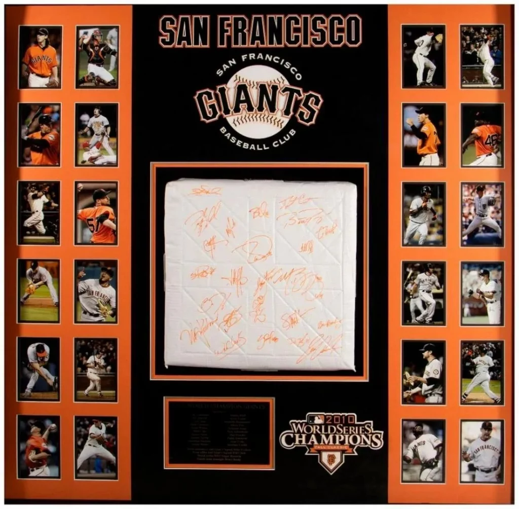 Framed San Francisco Giants 2010 World Series Champions Team Signed Base. Frame: 41 3/4 x 43 1/4 inches. Depth: 4 1/2 inches. PLEASE NOTE: Large item to ship. Estimate $500-$700. 