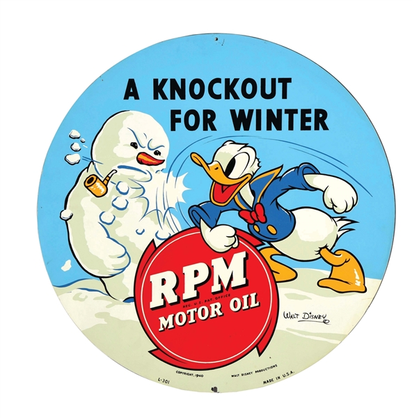 Rare circa-1940s RPM Motor Oils ‘A Knockout For Winter’ taxi cab spare tire insert sign with Donald Duck graphic, 23½in in diameter. Outstanding colors and graphics with high gloss overall. Sold for $18,000 against an estimate of $2,500-$4,500