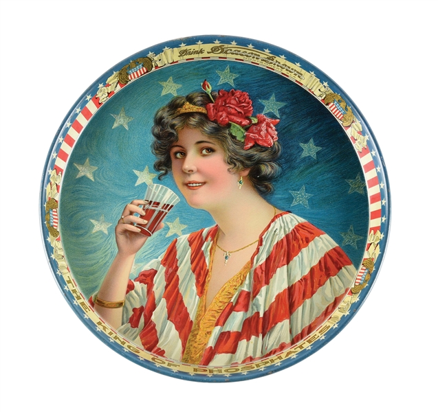 Advertising tray with image of pretty lady in patriotic attire, emblazoned ‘Drink Deacon Brown King of Phosphates,’ Manufactured by Kauffmann and Strauss, New York, and dated 1911. Condition 9.5+ and arguably the finest known example. Estimate $8,000-$12,000