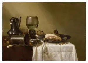 Willem Claesz. Heda, Still life of a pewter kanne, a roemer, an overturned silver beaker resting on a pewter plate and a ham upon another pewter plate, all upon a partially draped table