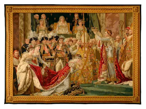 19th century, tapestry depicting The Coronation of the Emperor Napoleon I and the Coronation of the Empress Josephine on December 2, 1804 after the painting by Jacques-Louis David (1748-1825), reinterpreted, 245 x 306 cm/96.45 x 120.47 in. Result: €16,875