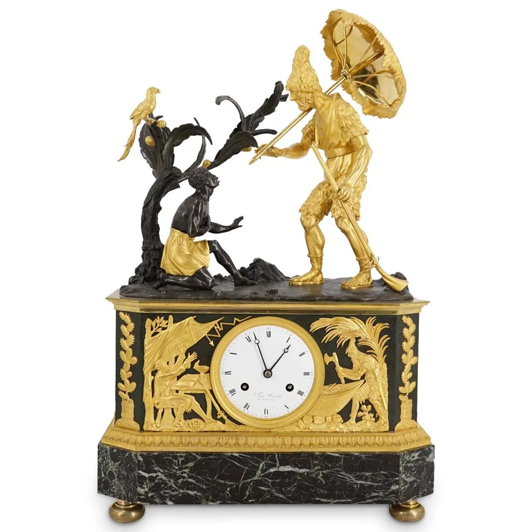 Important Patinated & Matte Gilt Bronze Green Marble Mantle Clock