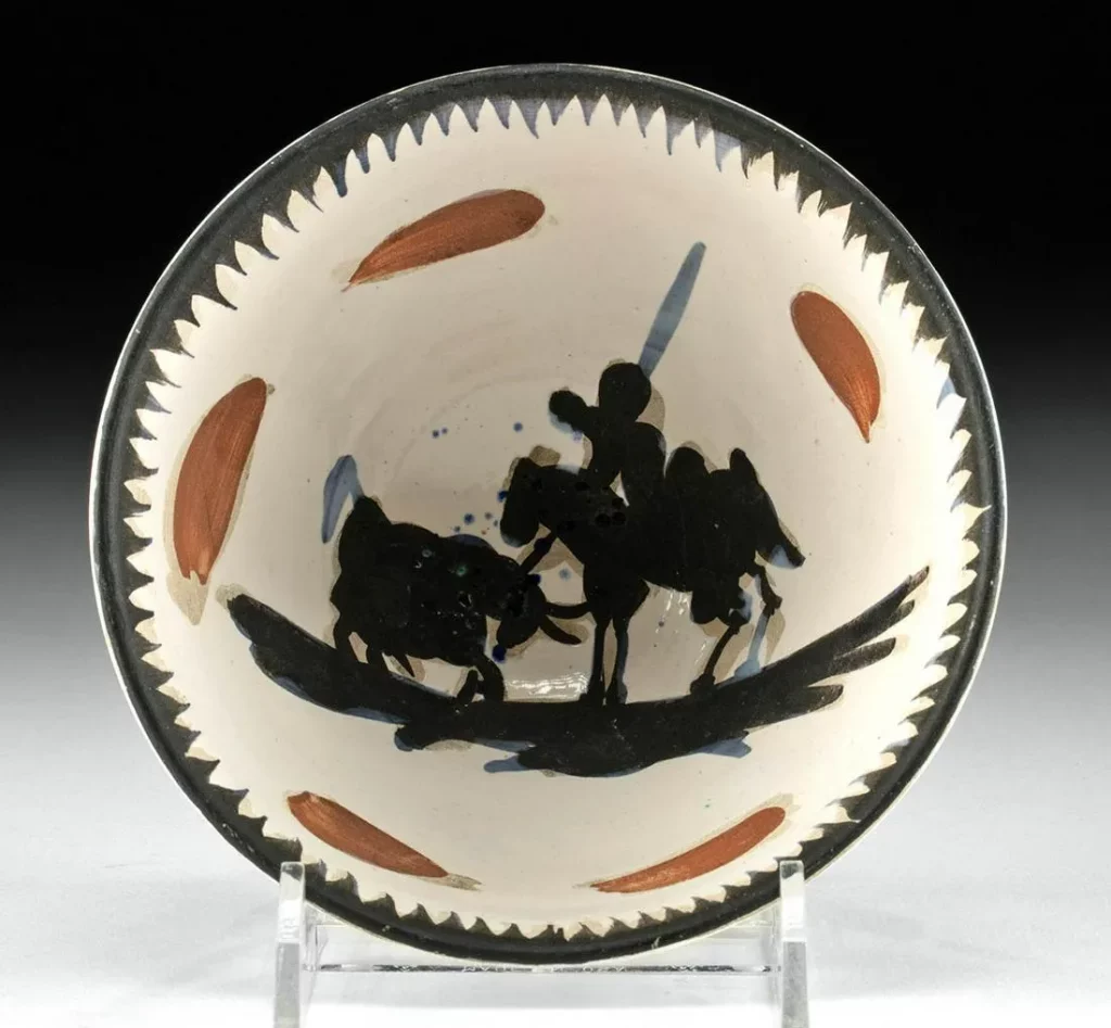Pablo Picasso, (Spanish, 1881-1973), Picador, painted earthenware bowl, 1955, from an edition of 500. Marked ‘EDITION PICASSO / MADOURA’ on base. Size: 4.8in diameter, 2.5in high. Estimate $2,500-$3,500