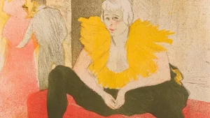 Henri de Toulouse-Lautrec (1864-1901), Mademoiselle Cha-u-kao, The Seated Clowness, 1896, color lithograph on thin white vellum, “G. Pellet/T. Lautrec” watermark, annotated by the publisher Pellet, 40.1 x 52.2 cm/15.7 x 20.5 in.