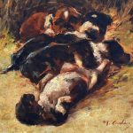 Max Carlier (1873-1938) Puppies Oil on Canvas/Oak Panel
