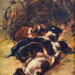 Max Carlier (1873-1938) Puppies Oil on Canvas/Oak Panel