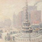 Guy Carleton Wiggins (American, 1883 - 1962) "New York Storm, Columbus Circle" oil on board signed lower right Guy Wiggins signed and titled verso Mid