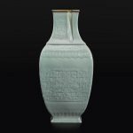 A very rare Chinese carved celadon-glazed porcelain “萬”-Mouthed Vase 珍罕粉青釉萬字口大瓶 Qianlong six-character seal mark in low relief and of the period 乾隆六字款