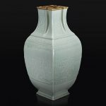 A very rare Chinese carved celadon-glazed porcelain “萬”-Mouthed Vase 珍罕粉青釉萬字口大瓶 Qianlong six-character seal mark in low relief and of the period 乾隆六字款
