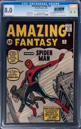 1962 Marvel Amazing Fantasy #15 - First Appearance of Spider-Man – CGC 8.0, Off-White to White Pages