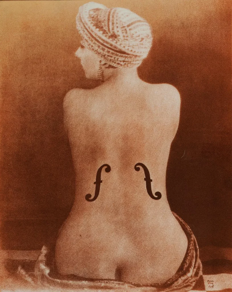 Man Ray, Le violon d'Ingres, 1924, unique triptych, c. 1970, three silkscreens on plastic, one in black and white, one in blue and one in pink (reproduced), signed on the image, 65 x 55 cm/25.6 x 21.6 in each.
Estimate: €100,000/120,000
Man Ray 2015 Trust/Adagp, Paris 2022
