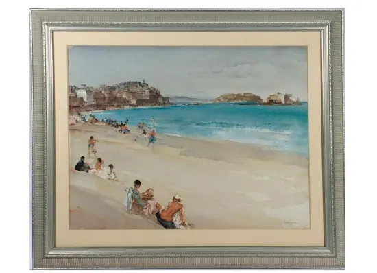 The Beach At St. Malo. Size: (Sight) 19 1/4" x 25 3/4". Signature: Signed Lower right. Year Created: 1964. Medium/Ground: Watercolor on paper. Estimate $7,000-$9,000.