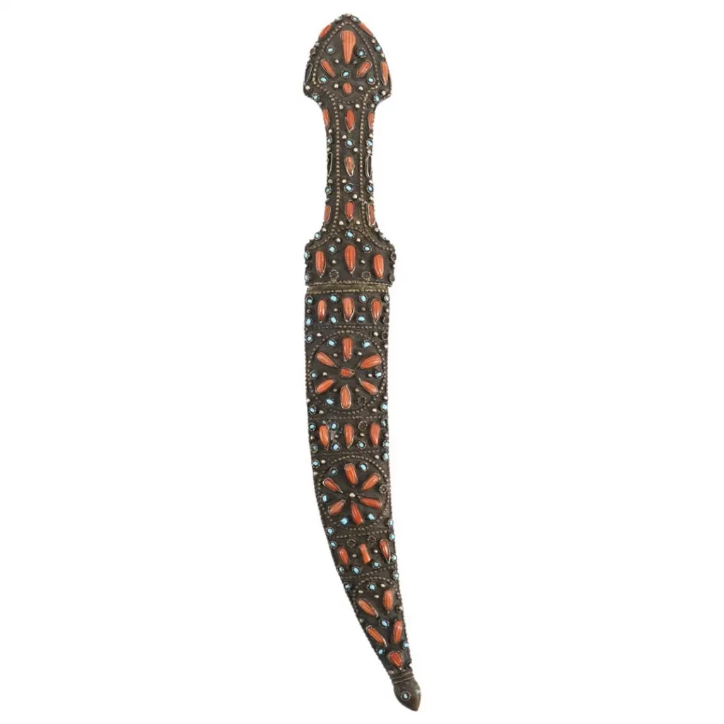 Antique Turkish Coral Turquoise Gold & Silver Damascened Dagger