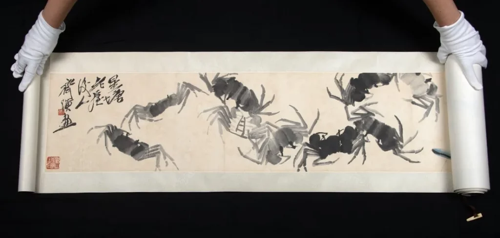 Qi Baishi (Chinese, 1864-1957), ink and wash-on-paper horizontal handscroll painting with images of shrimp, crabs, frogs and aquatic plants. Artist-signed, stamped with two seals. Size of painting: 145.25in long by 10in wide. Provenance: Gaithersburg, Maryland private collection, inherited from father who was art collector and adjunct professor at the Academy of Arts & Design of Tsinghua University, Beijing. Estimate $150,000-$300,000