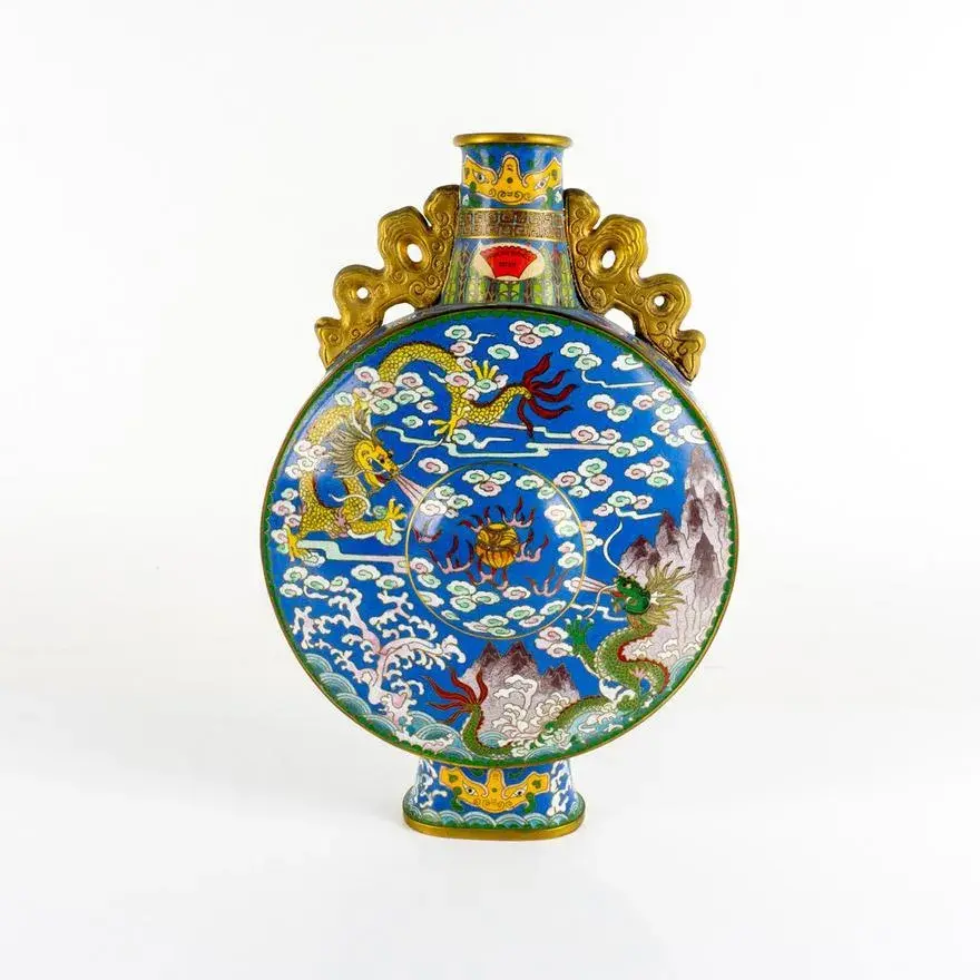 Large Chinese Cloisonne Dragon Moon Flask Rosalind Russell