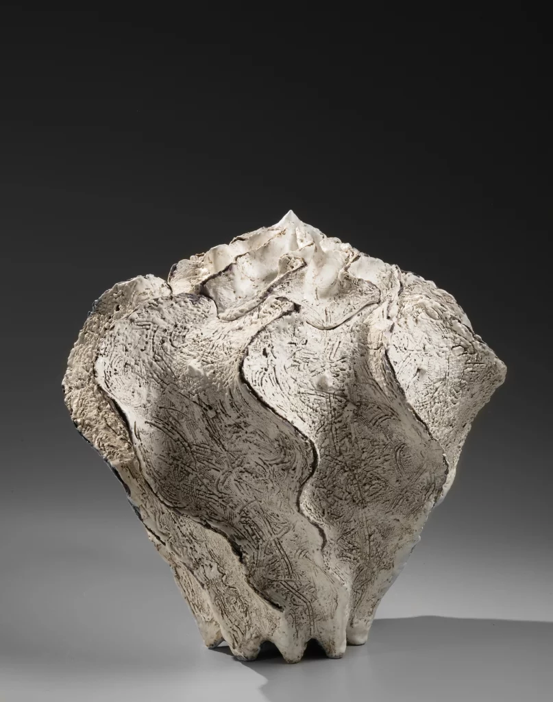 Koike Shōko (b. 1943) Narrow-footed pleated shell-shaped covered vessel 2013 Glazed stoneware 14 1/4 x 14 in.