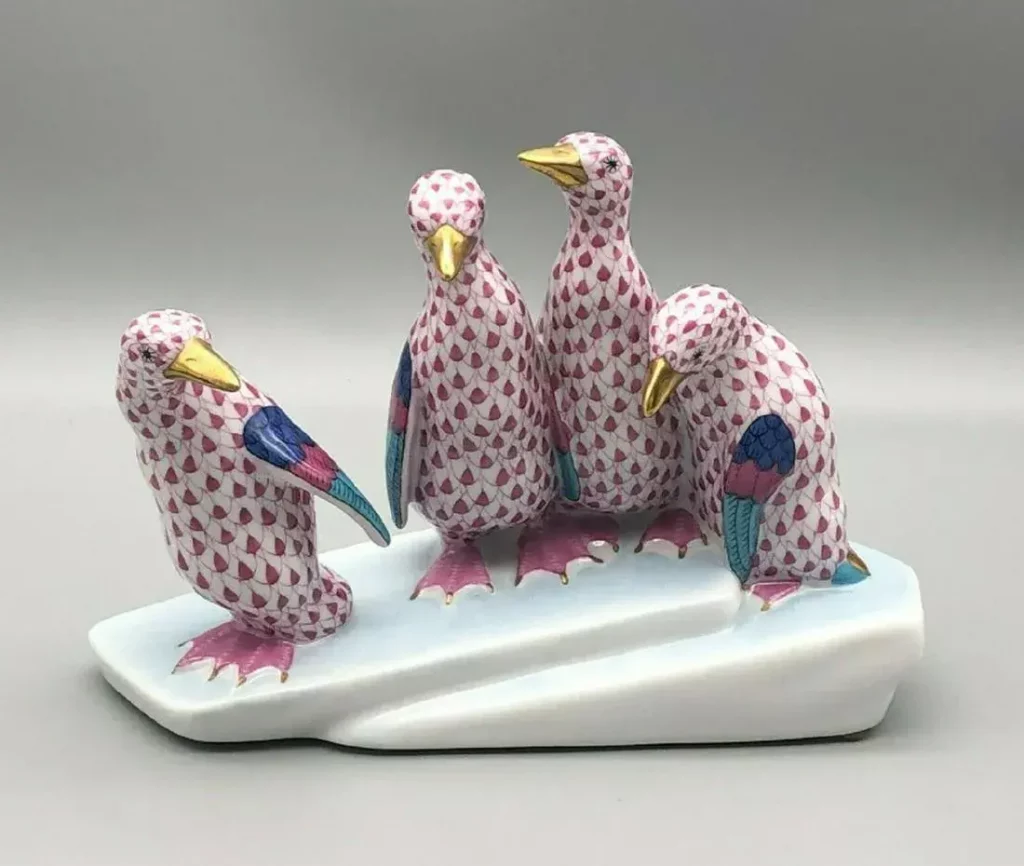 Herend SIGNED Porcelain Penguin Group on Ice Pink Raspberry Fishnet Figurine