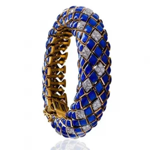 David Webb Blue Enamel Diamond 18K Gold Platinum Bracelet