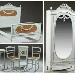French Louis XVI Style Polychromed Beech Bedroom Suite, early 20th c., consisting of a cane inset double bed; a single mirror door armoire; a pair of