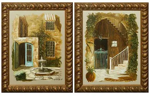 Eugene Daymude (1925-1995, Louisiana), "French Quarter Courtyard Scene with Fountain," and "French Quarter Courtyard," 1967, pair of oils on board, both signed and dated lower right, both presented in relief gilt frames, H.- 23 1/2 in., W.- 17 3/8 in., Framed H.- 28 5/8 in., W.- 22 1/2 in.
