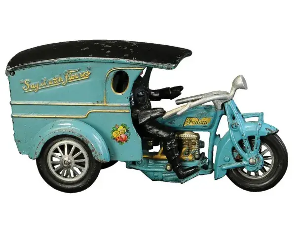 Hubley cast-iron ‘Say It With Flowers’ delivery motorcycle, 10in long, the book example depicted in Bill and Stevie Weart’s ‘Cast Iron Automotive Toys’ (2000) reference book. Rare all-original toy in excellent to pristine condition. Estimate $15,000-$25,000
