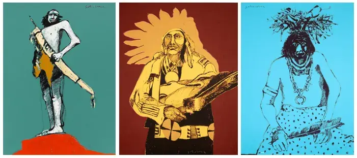 [L-R] Hollywood Indian #2, 1972, estimated at $30,000 – 50,000, Dartmouth Portrait #8, 1973, estimated at $100,000 – 150,000, and Hopi Snake Priest, 1972, estimated at $30,000 - 50,000, by Fritz Scholder.