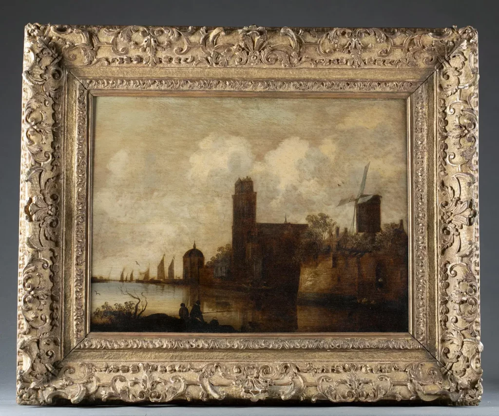 Jan van Goyen (Dutch, 1596-1656), ‘City View at a Canal,’ oil-on-panel, circa 1640s. Sight: 19 x 25¼in; framed 30 x 36in. Partial gallery label on verso from Konigswarter auction held by Friedrich Schwarz and Eduard Schulte in Berlin on Nov. 20, 1906. Listed as No. 25 in the Collection of Baron Koningswarter auction catalog. Estimate $10,000-$15,000