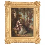 Jean Marius Fouque (French, 1822-1880) Figural Garden Oil Painting on Board