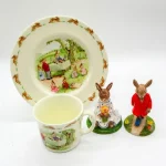 4pc Royal Doulton Bunnykins, Figurines With Matching Plate /Cup Set