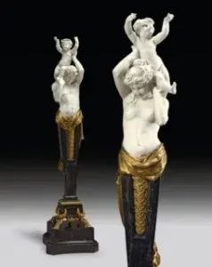 A Monumental Pair Of American Ormolu-mounted White And Portor Marble Torcheres