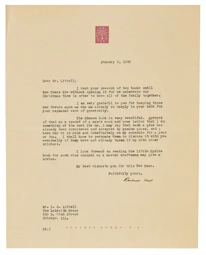 A collection of correspondence from Melville illustrator Rockwell Kent to his publisher, from the Herman Melville Collection of William S. Reese. Image courtesy of Christie’s.