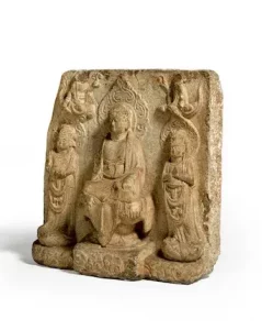 A White Marble Panel Of Buddhist Triad