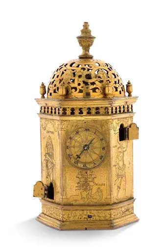 P. Plantard, Abbeville, mid-16th century, gilded copper table clock shaped like a hexagonal tower with the arms of Guillaume Bailly, Comte de La Ferté Aleps (1519-1582), engraved with Diana the Huntress, Mars, Mercury, Jupiter, Venus and Saturn, 18 x 9.1 x 8 cm/7.08 x 3.58 x 3.14 in. Image courtesy of La Gazette Drouot.