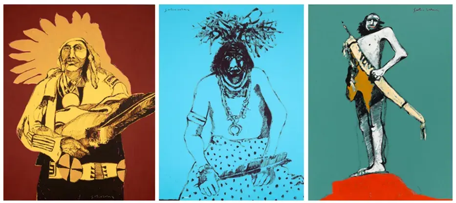 [L-R] Dartmouth Portrait #8, 1973, sold for $378,375, Hopi Snake Priest, 1972, sold for $106,215, and Hollywood Indian #2, 1972, sold for $246,075, by Fritz Scholder.